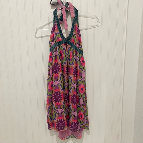 Y2K Pink and Green Floral and Denim Babydoll Halter Dress - Picture 1 of 9